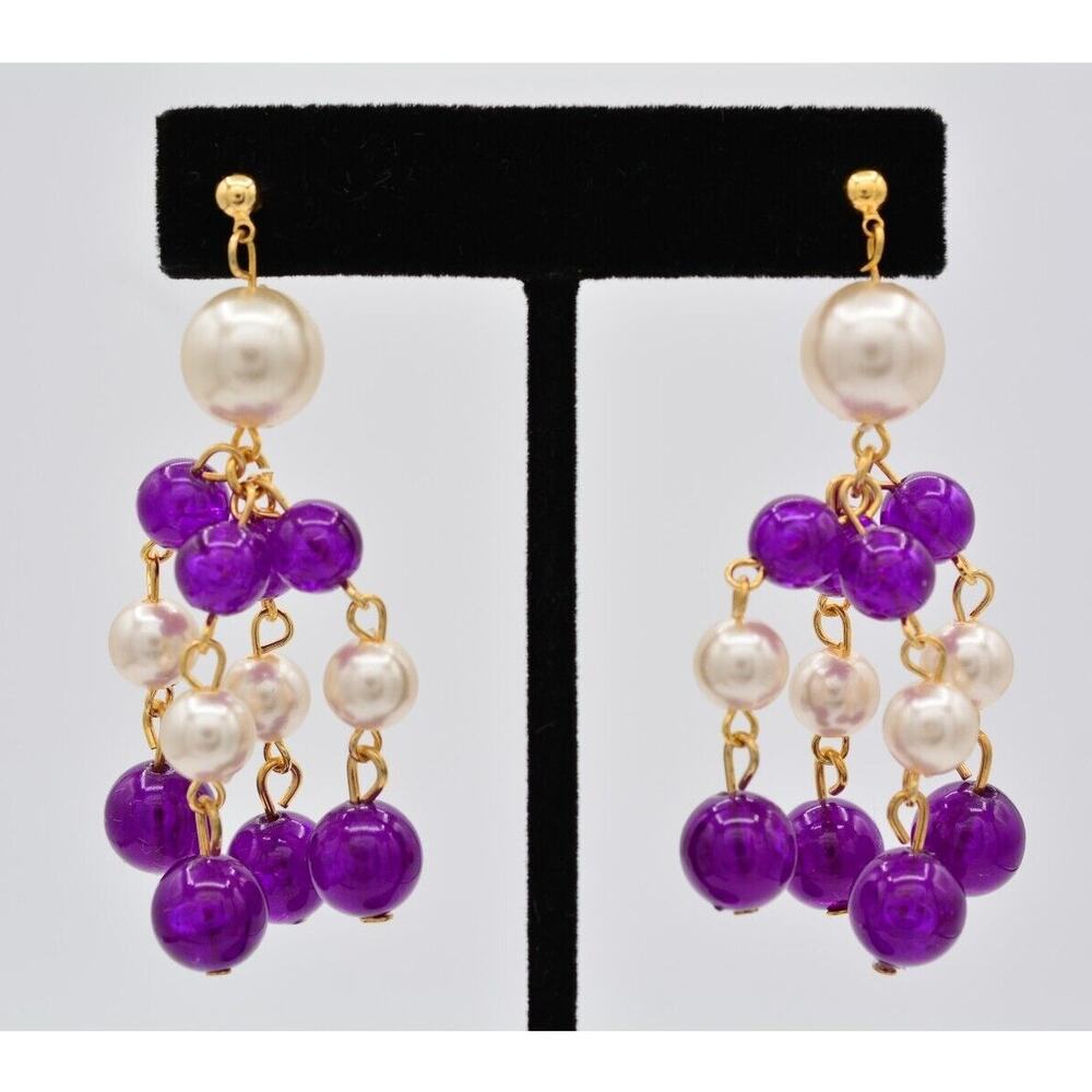 Vintage Beaded Dangle Earrings Purple Lucite Ball Faux Pearl Chunky NOS BinAV